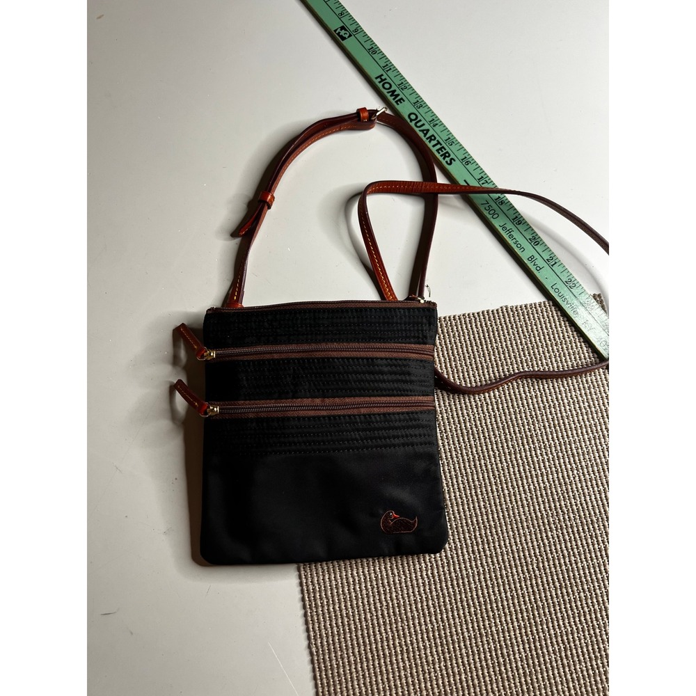 Dooney & Bourke Black Nylon Triple Zip Crossbody Bag Leather Trim Pink Lining